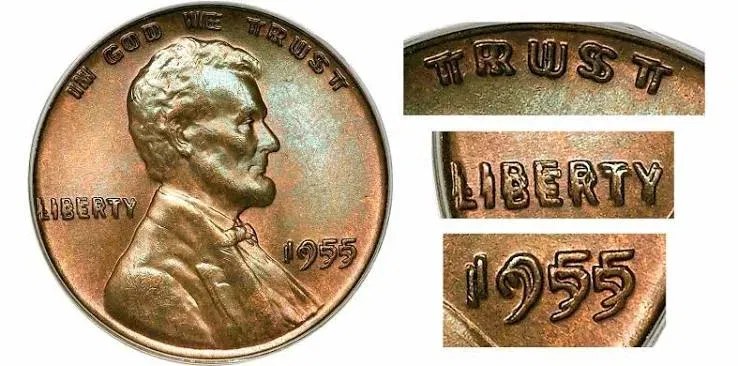 1955 doubled die Lincoln cent with close-ups of the doubled TRUST, LIBERTY and date