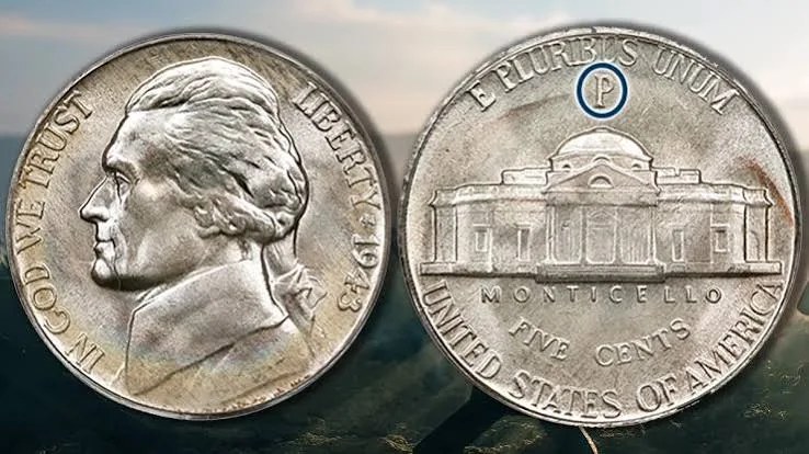Wartime silver Jefferson nickel with large mintmark above Monticello