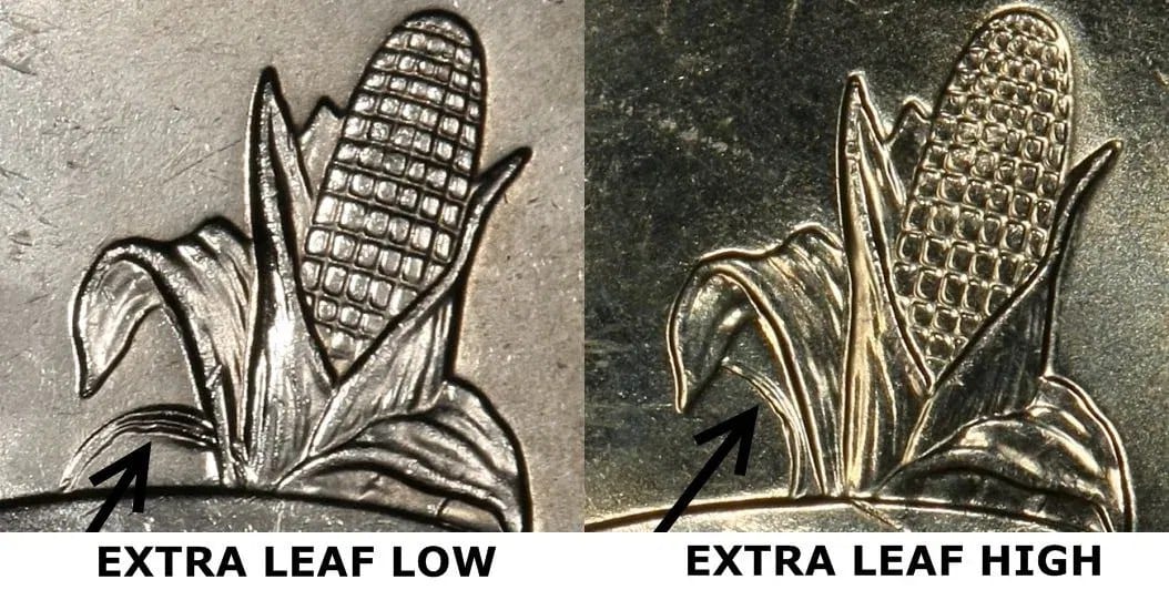 Close-up of the 2004-D Wisconsin quarter corn showing Extra Leaf Low and Extra Leaf High