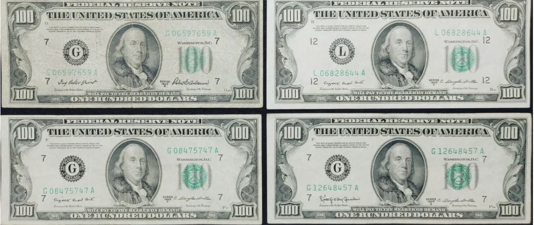 Example of Different Series 1950 $100 Notes