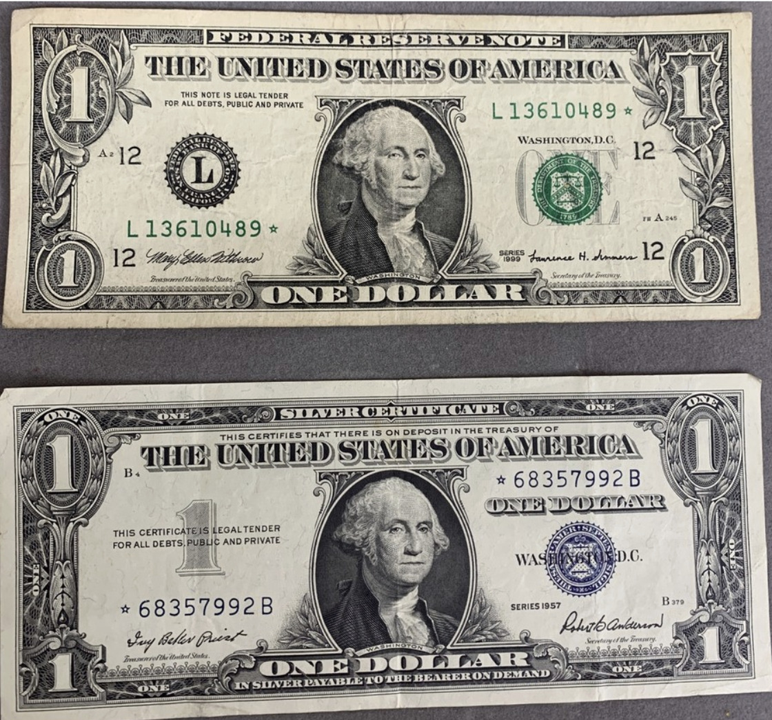 Blue-seal Silver Certificate star note beside a green-seal Federal Reserve Note